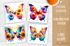 Butterfly square coaster sublimation | Butterfly coaster PNG Product Image 1
