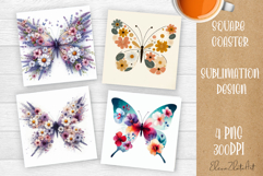 Butterfly square coaster sublimation | Butterfly coaster PNG Product Image 1