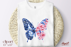Floral Butterfly clipart, blue butterfly, pink flowers peony Product Image 1