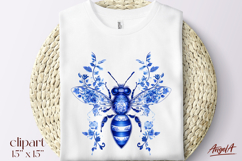 Chinoiserie blue floral bee clipart, T-shirt, mug designs, Product Image 1