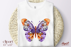 Floral Butterfly clipart, orange color, purple flowers PNG Product Image 1