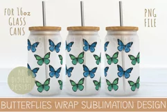 Blue and Green Butterflies 16oz Glass Can Sublimation Design Product Image 1