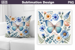Butterfly Floral Sublimation | 3D Butterfly Flowers Pillow Product Image 1