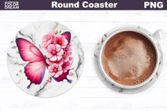 Pink Butterfly Floral Round Coaster | Butterfly Coaster Product Image 1