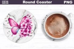Pink Butterfly Floral Round Coaster | Butterfly Coaster Product Image 1