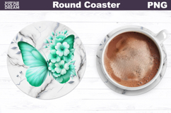 Mint Butterfly Floral Round Coaster | Butterfly Coaster Product Image 1