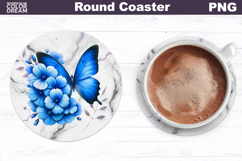 Blue Butterfly Floral Round Coaster | Butterfly Coaster Product Image 1