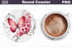 Pink Butterfly Floral Round Coaster | Butterfly Coaster Product Image 1