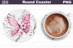 Pink Butterfly Floral Round Coaster | Butterfly Coaster Product Image 1