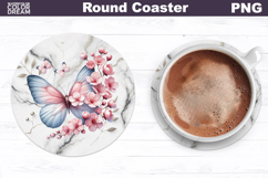 Pink Butterfly Floral Round Coaster | Blue Butterfly Coaster Product Image 1