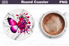 Fuchsia Butterfly Floral Round Coaster | Butterfly Coaster Product Image 1