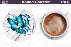 Blue Butterfly Floral Round Coaster | Butterfly Coaster Product Image 1
