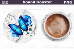 Blue Butterfly Floral Round Coaster | Butterfly Coaster Product Image 1