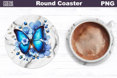Blue Butterfly Floral Round Coaster | Butterfly Coaster Product Image 1