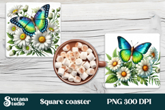 Butterfly flower square coaster | Summer coaster PNG design Product Image 1