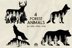 4 Forest Bear, Deer, Wolf Silhouettes SVG PNG EPS Product Image 1
