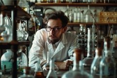Pensive scientist in vintage laboratory Product Image 1