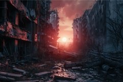 Dramatic postapocalyptic cityscape with a deep red sunset am Product Image 1