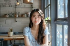 Serene young woman in a cozy cafe setting Product Image 1