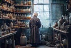 Old chemist woman in old laboratory. Generate Ai Product Image 1