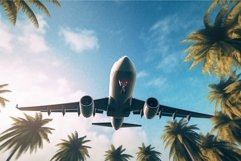 Airplane over tropical palm tree. Generate Ai Product Image 1