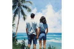 Asian couple watch sea portrait banner. Generate Ai Product Image 1