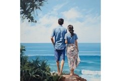 Asian couple watch sea banner coast. Generate Ai Product Image 1