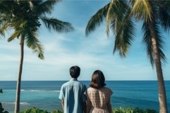 Asian couple watch sea. Generate Ai Product Image 1