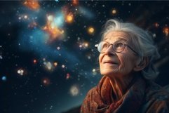 Astronomer starry sky night old woman. Generate Ai Product Image 1