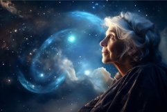 Mysterious Astronomer starry sky night old woman. Generate A Product Image 1