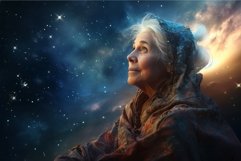 Celestial Astronomer starry sky night old woman. Generate Ai Product Image 1