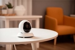 Round white baby camera on table. Generate ai Product Image 1