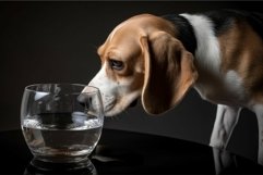 Beagle dog drinks liquid. Generate Ai Product Image 1