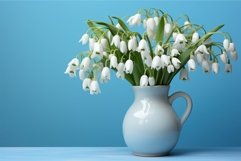 Beautiful snowdrops in vase on table with blue background. G Product Image 1