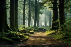 Beautiful trees in forest with moss on stones. Generate Ai Product Image 1