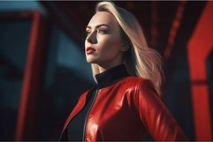 Blonde woman in modern red leather jacket. Generate ai Product Image 1