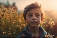 Boy in floral field with mischievous grin. Generate ai Product Image 1