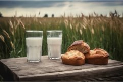 Bread with milk glasses on wooden table in nature field. Gen Product Image 1