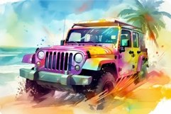 Car suv watercolor beach palms. Generate Ai Product Image 1