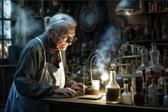 Experienced Old chemist woman in old laboratory. Generate Ai Product Image 1