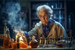 Knowledgeable Old chemist woman in old laboratory. Generate Product Image 1