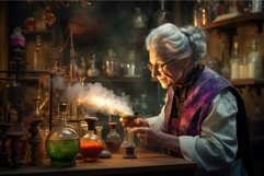 Weathered Old chemist woman in old laboratory. Generate Ai Product Image 1