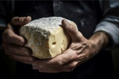 Cheesemaker holding organic cheese. Generate Ai Product Image 1
