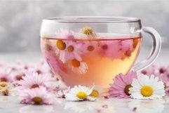 Chilled chamomile tea with white and pink flowers. Generate Product Image 1