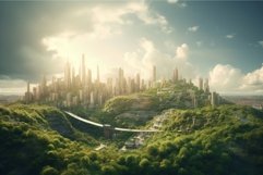 Sunny city scenic view surrounded with green nature. Generat Product Image 1