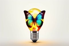 Colorful butterfly sitting on light bulb. Generate Ai Product Image 1