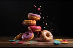 Colorful donuts falling dessert. Generate Ai Product Image 1