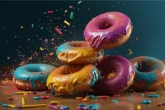 Colorful donuts falling food. Generate Ai Product Image 1
