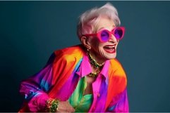 Colorful stylish old woman wearing pink sunglasses. Generate Product Image 1