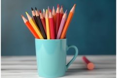 Colorful pencils in blue mug on wooden table. Generate ai Product Image 1